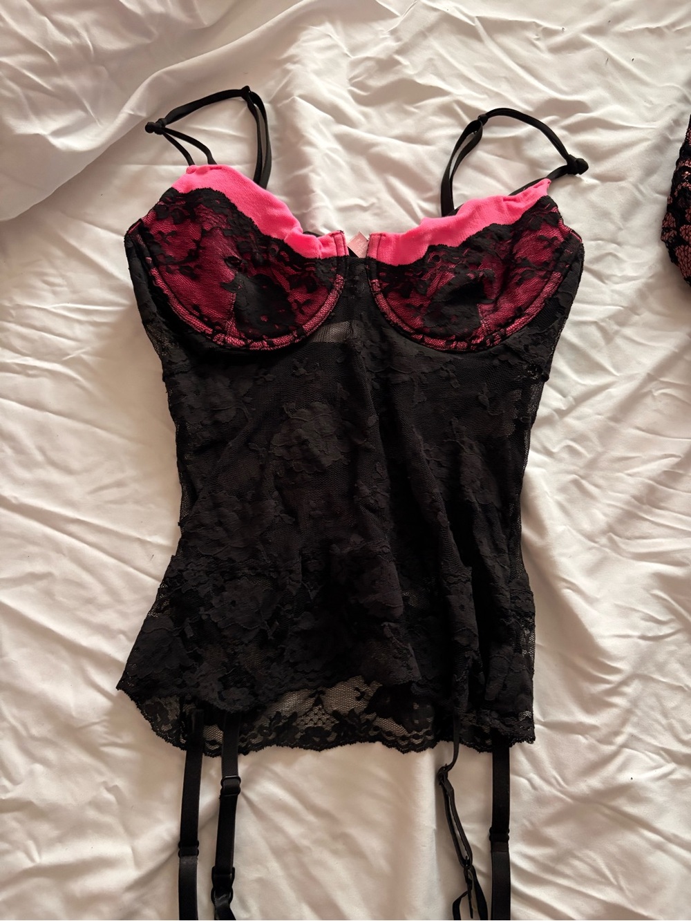 Victoria's Secret Black Lace Bustier with Hot Pink Cups
